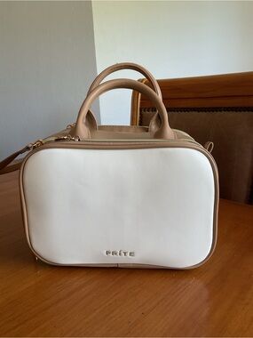 Cream and Tan Cosmetic Travel Case with Top Handles